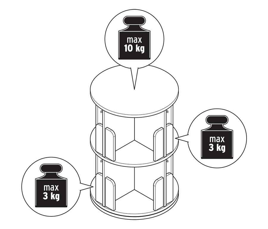 Felülnézet egy 2 szintes forgatható könyvespolcra, felül maximum 10 kg, a két alsó szinten pedig maximum 3 kg súlykorlátozással.