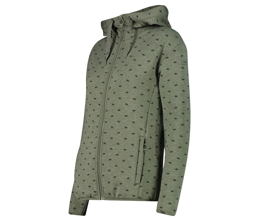 Egy világoszöld, cipzáras, sötét, geometrikus mintás kapucnis pulóver oldalnézete.