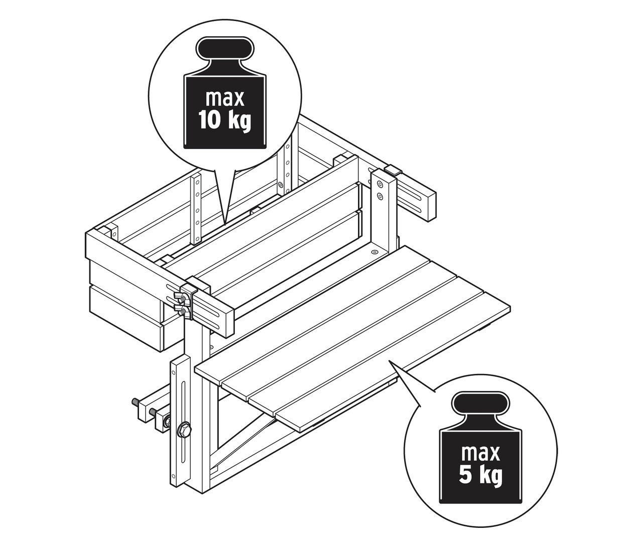 Illusztráció egy fa szerkezetről, maximum 10 kg és 5 kg súlykorlátozással.