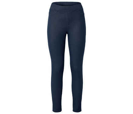 Sötétkék leggings, imitált zsebekkel és cipzárral.