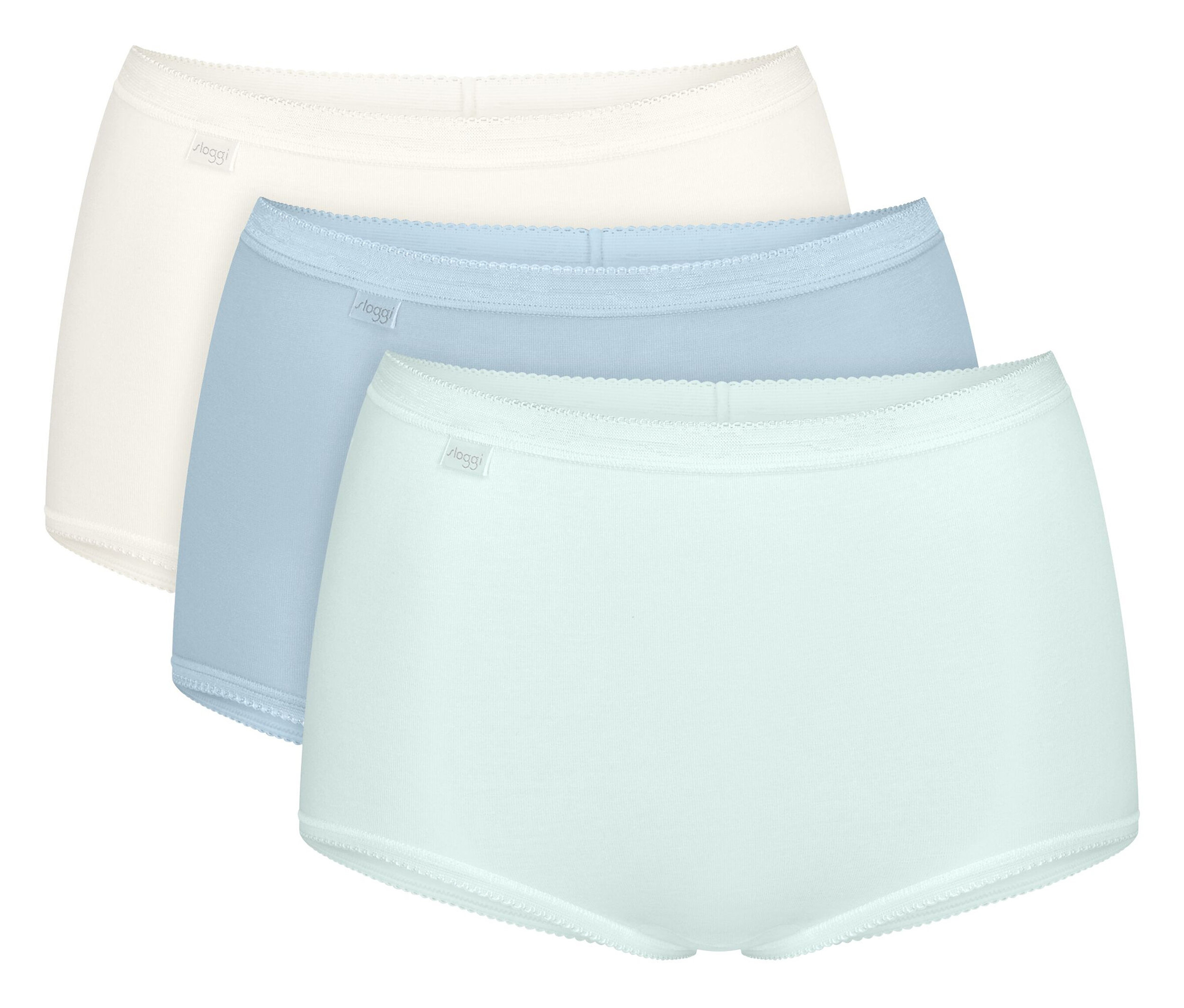 Három női alsónemű fehér, világoskék és menta színekben egymáson.