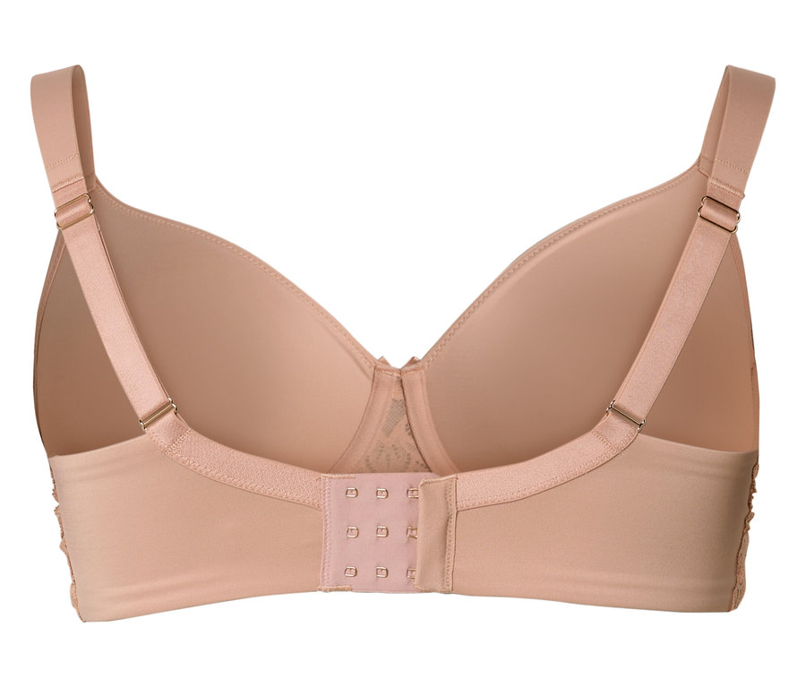 Egy testszínű melltartó hátulnézete, állítható pántokkal és három kapcsos zárással.