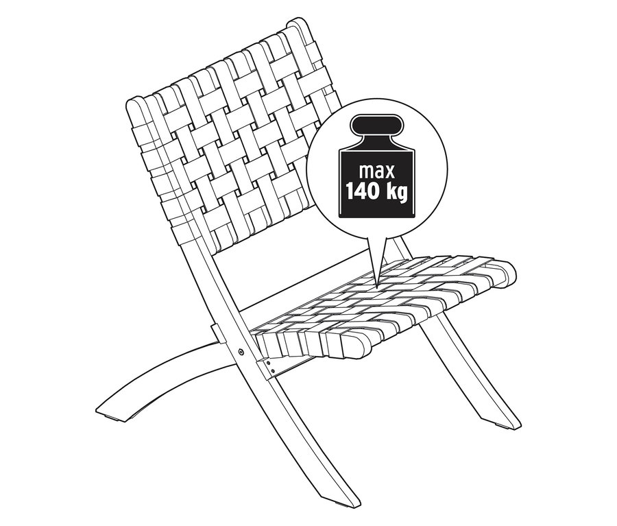 Egy fonott szék illusztrációja, maximum 140 kg teherbírással.