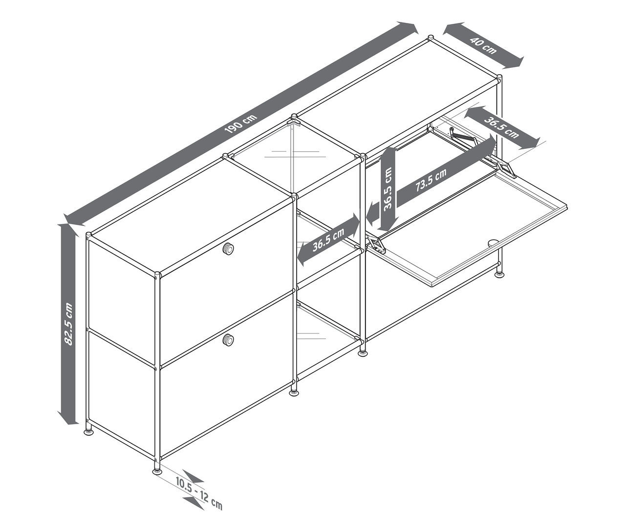 Felülnézet egy fém „CN3” komódról 4 lenyíló ajtóval, különböző színekben és méretekben.