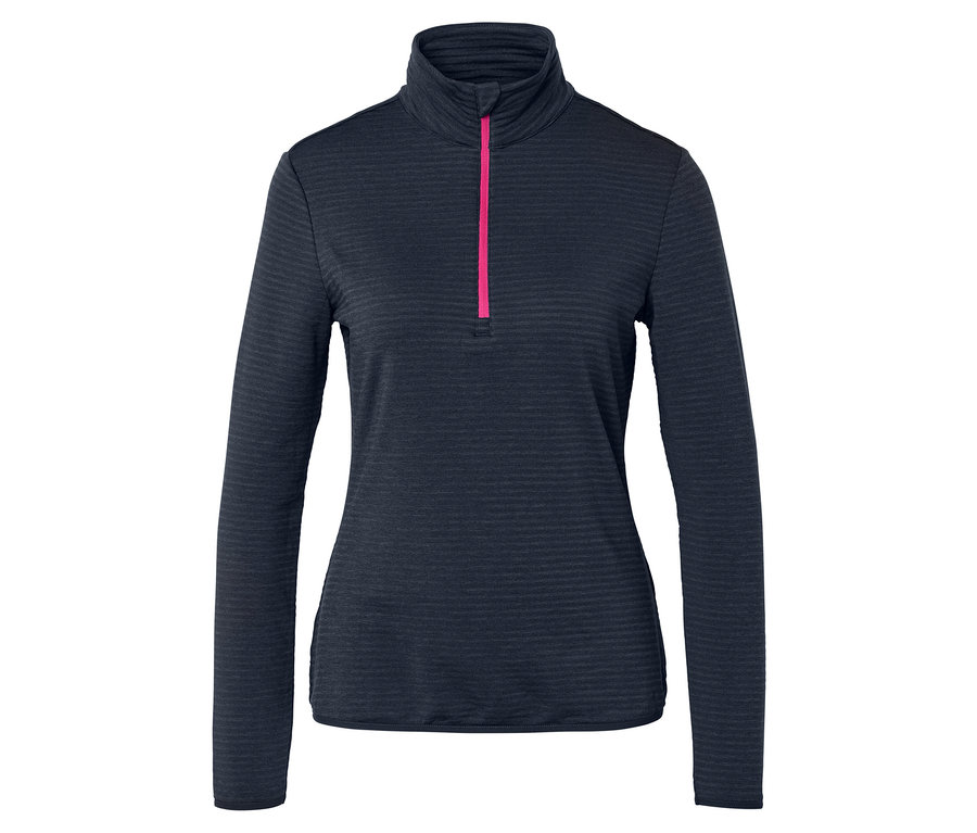 Sötétkék, hosszú ujjú felső, rózsaszín cipzárral.