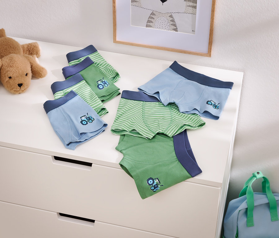 Fotó világoskék és zöld fiú boxeralsókról traktor mintával egy komódon, egy plüsskutya és egy kék utazótáska mellett.