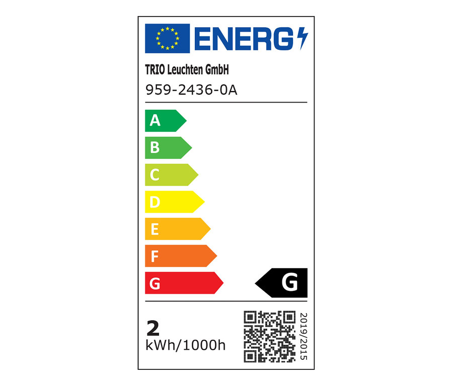 A TRIO Leuchten GmbH 959-2436-0A energiacímkéje, G energiahatékonysági osztállyal és 2 kWh/1000h fogyasztással.