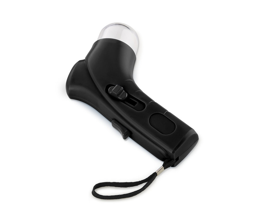 Fekete jutalomfalat adagoló átlátszó tartállyal.