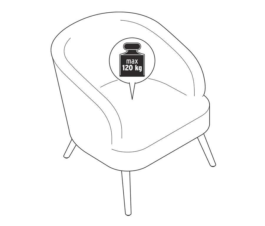 Vázlat egy plüss borítású fotelről / Buklé fotelről, fa lábakkal és 120 kg-os maximális terhelhetőséggel.