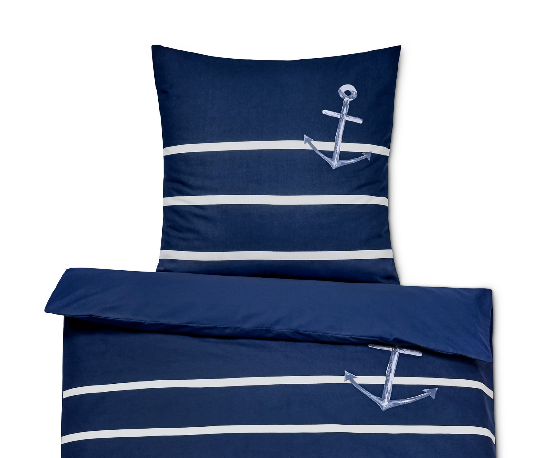 Kék-fehér csíkos, horgony mintás renforcé ágynemű.