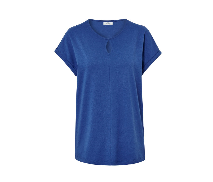 Kék, lenvászon keverékű női felső.