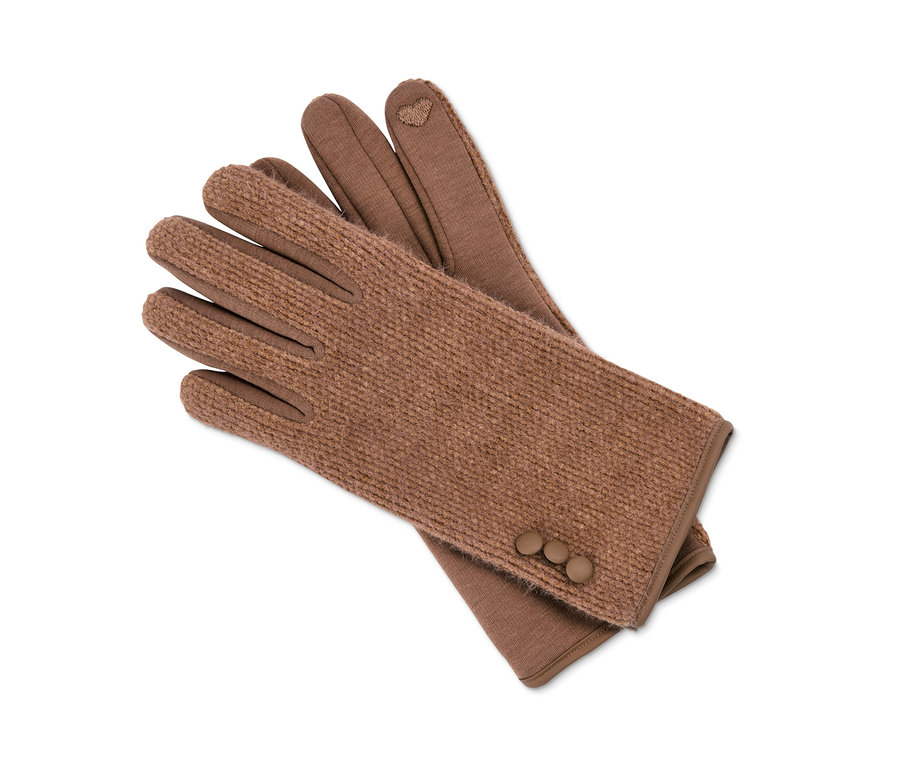 Konyak színű, anyagkeverékből készült női kesztyű egymáson.