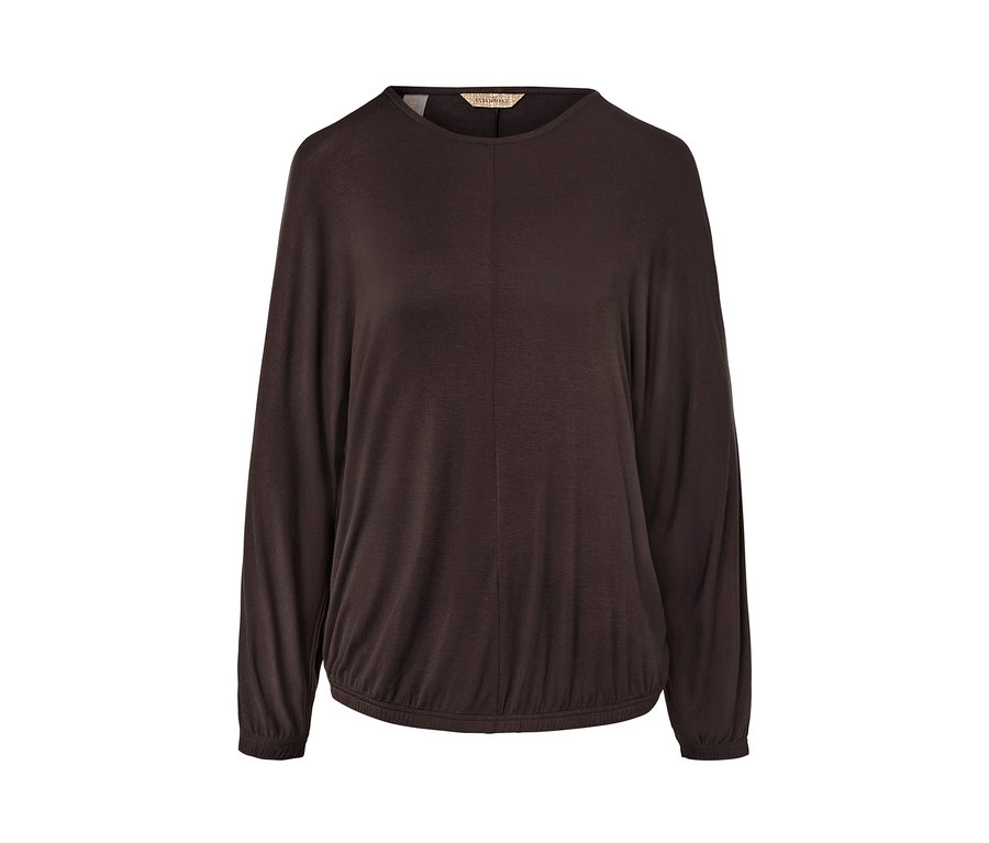 Sötétbarna, denevérujjú női felső.