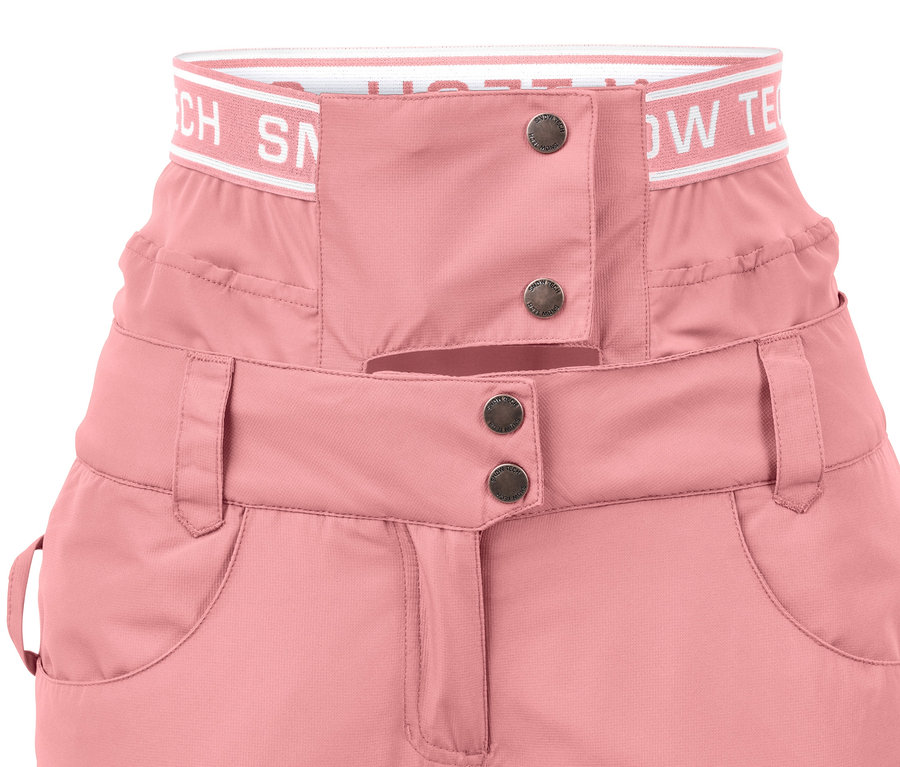 Rózsaszín női sí- és snowboard nadrág gombokkal.