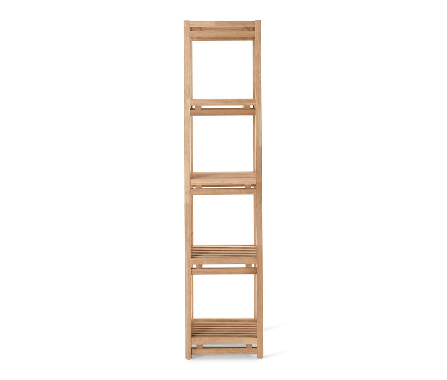 Egy keskeny, világos fa szerkezetű állópolc négy polccal.