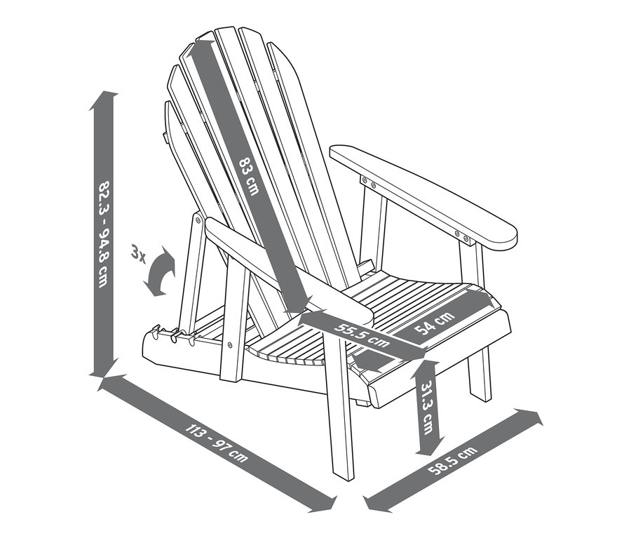 Egy egyszemélyes Adirondack relaxációs fotel rajza kihúzható lábtámasszal, méretekkel.