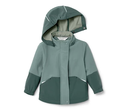 Zöld gyerek softshell kabát, esőben színváltó.