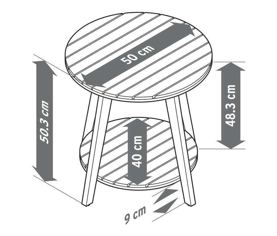 A szürke, 2 szintes »Lenja« kisasztal méretei: magassága 50,3 cm, szélessége 50 cm, mélysége 40 cm, lábak magassága 9 cm.