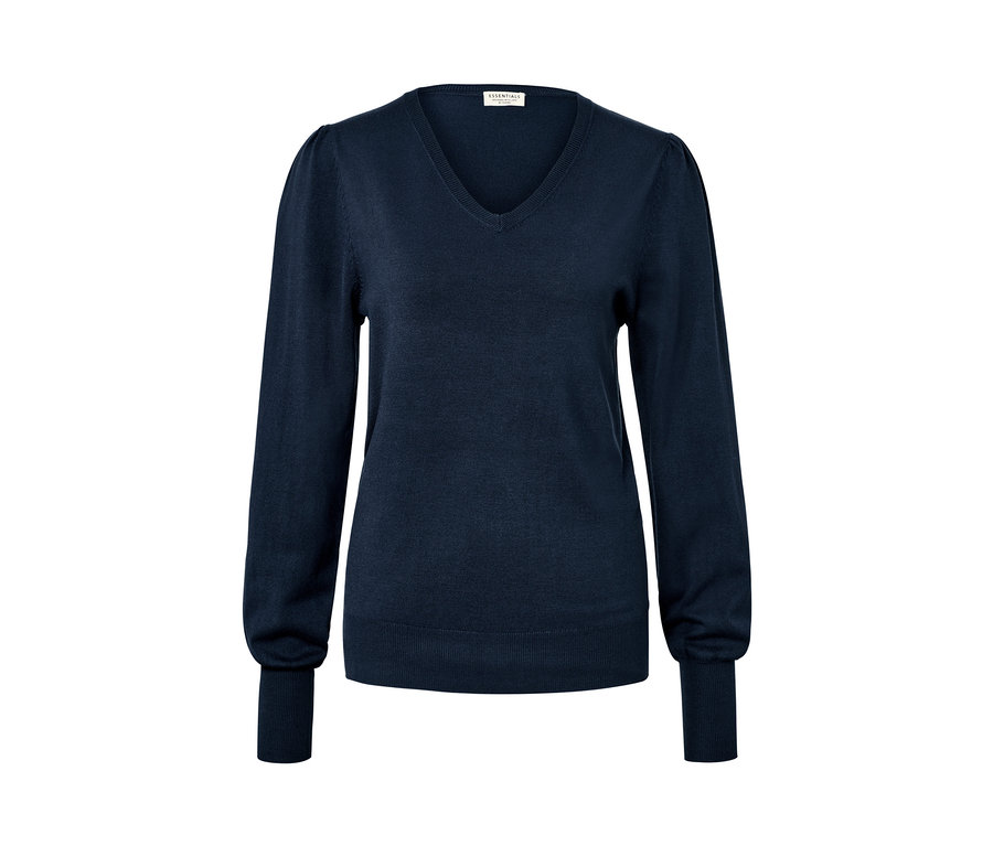 Sötétkék, finomkötésű, hosszú ujjú, V-nyakú női pulóver.