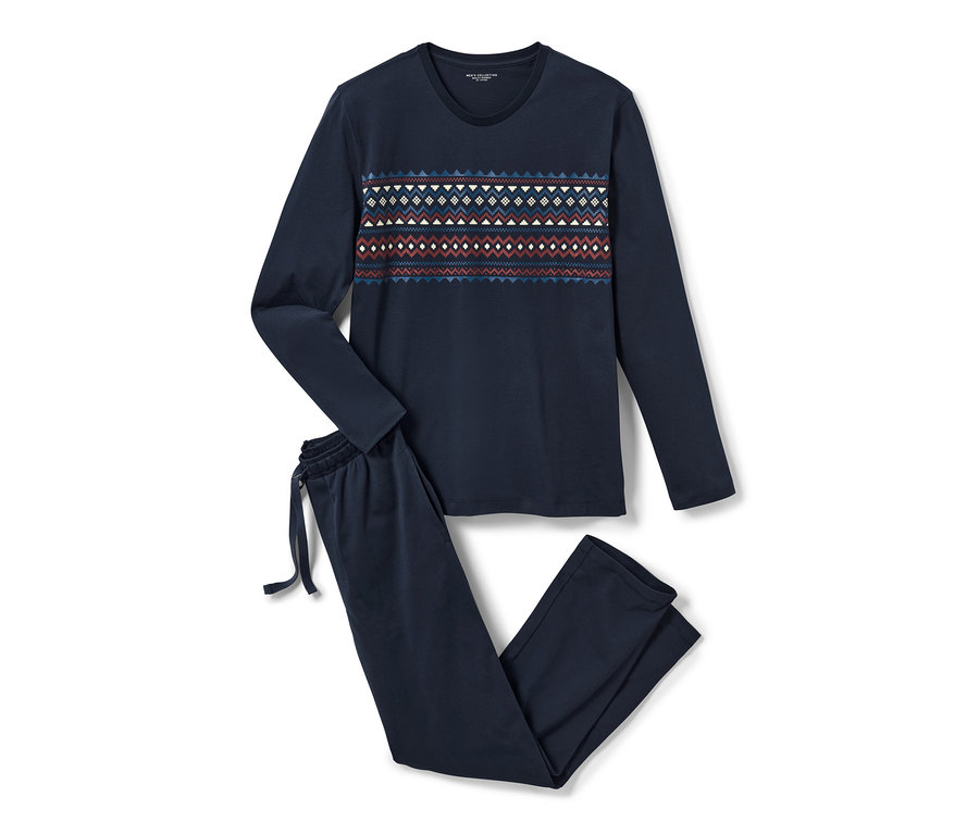 Sötétkék, hosszú ujjú, norvég mintás férfi jersey pizsama.