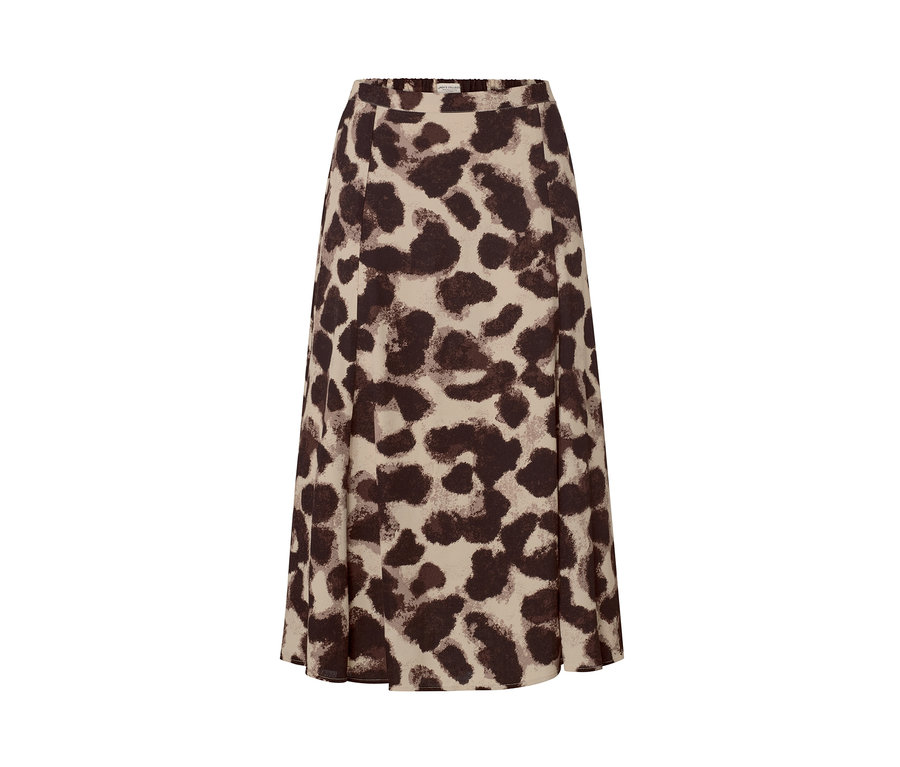 Bézs alapon barna állatmintás női midiszoknya.