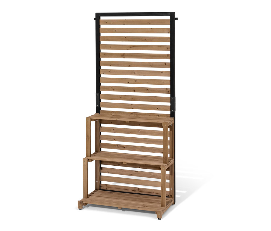 »Elin« belátásgátló polcmodul barna fából, fekete kerettel.