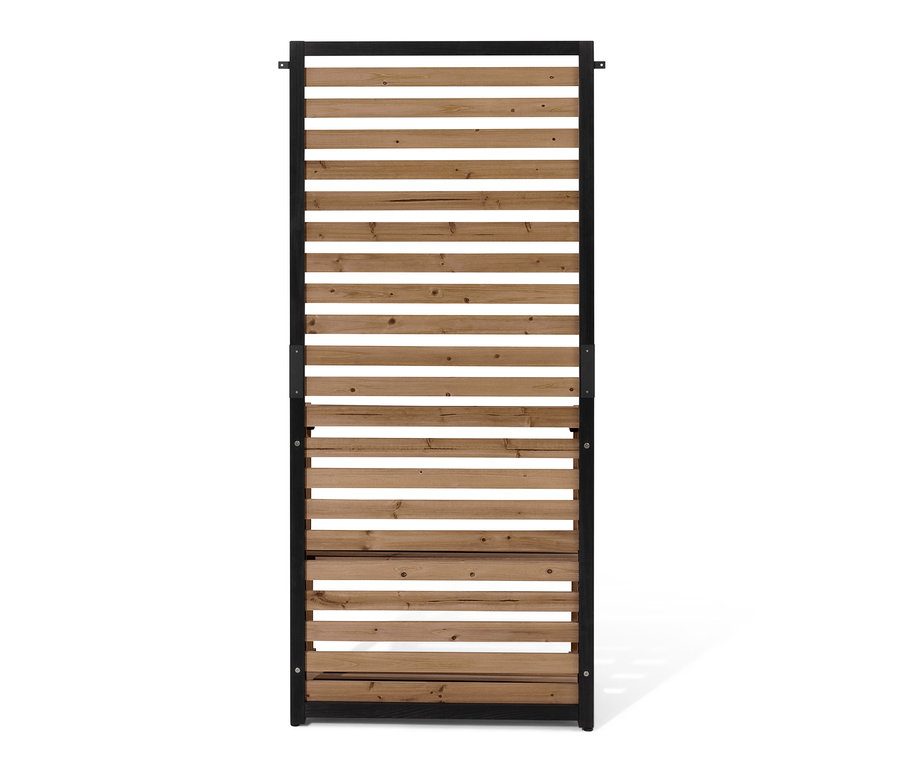 Egy »Elin« belátásgátló polcmodul fa lécekkel és fekete kerettel.