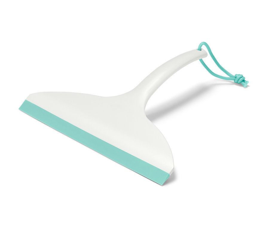 Fehér vízlehúzó türkiz gumiszéllel és türkiz akasztózsinórral.