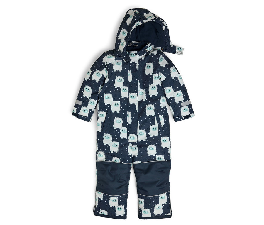 Sötétkék, kapucnis gyerek overál, fehér rajzfilmfigurákkal.