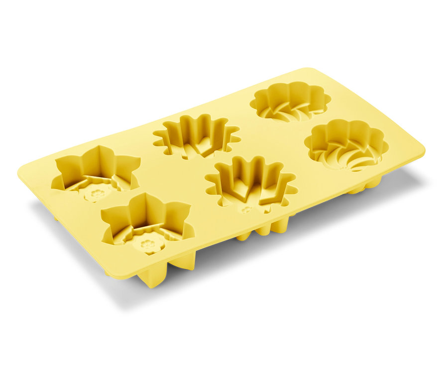 Sárga szilikon jégkocka forma hat különböző virágformával.