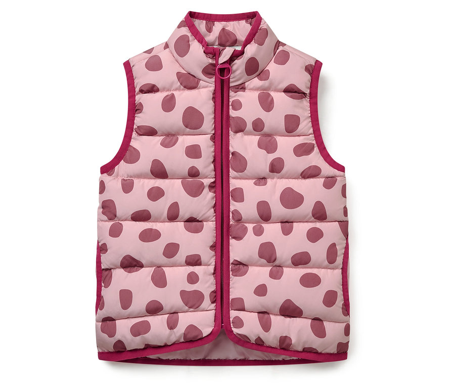 Rózsaszín, pöttyös, bordó szegélyű steppelt mellény.