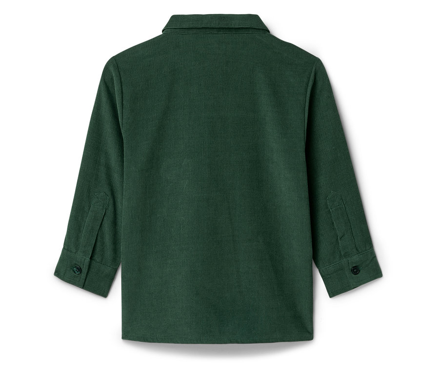 Hátulnézet egy zöld, hosszú ujjú kordbársony ingről.