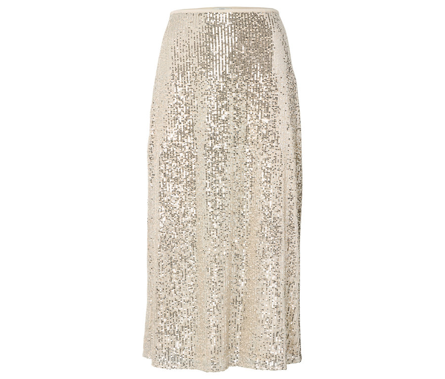 Egy bézs, flitteres A-vonalú szoknya.