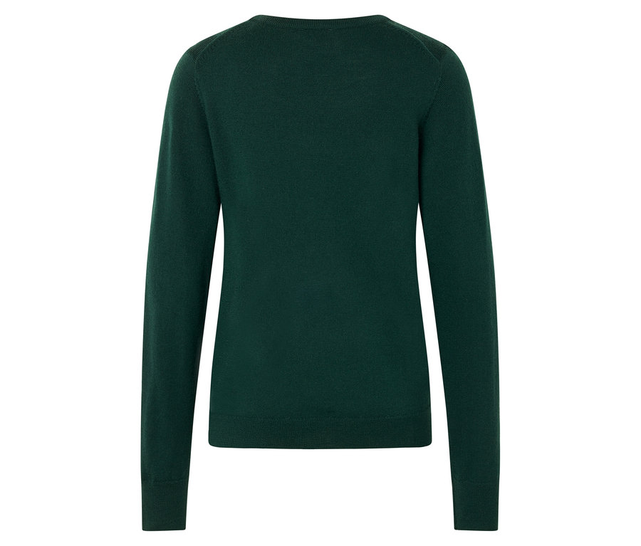 Hátulnézet egy zöld, hosszú ujjú, kerek nyakú pulóverről.