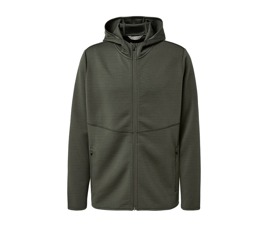 Khaki színű funkcionális dzseki cipzárral és kapucnival.