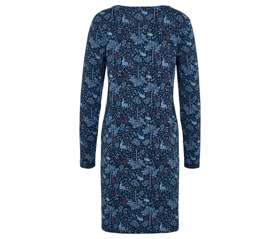 Kék, hosszú ujjú ruha fa- és szarvasmintával.