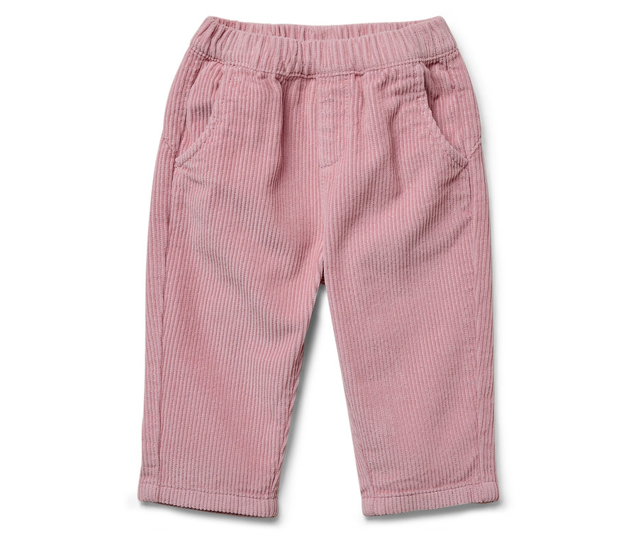 Rózsaszín kordbársony nadrág gumis derékpánttal és zsebekkel.