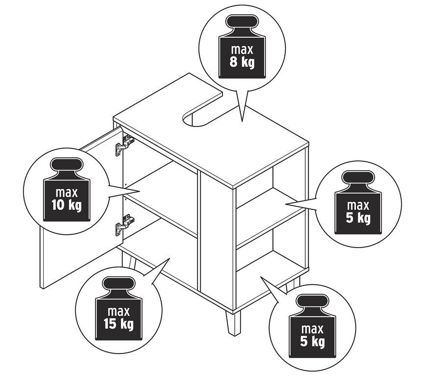 Nyitott mosdó alatti szekrény, 1 ajtós, fehér/fa színben. A felső lap terhelhetősége maximum 8 kg, az ajtó mögötti polc 10 kg, az alsó lap 15 kg, az oldalsó polcok pedig 5 kg.