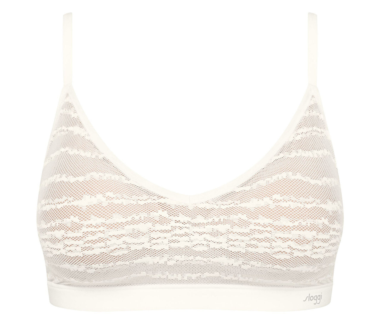 Egy fehér csipkés melltartó részlete vékony pántokkal.