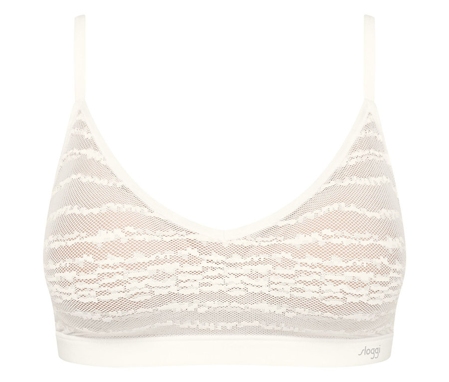 Egy fehér csipkés melltartó részlete vékony pántokkal.