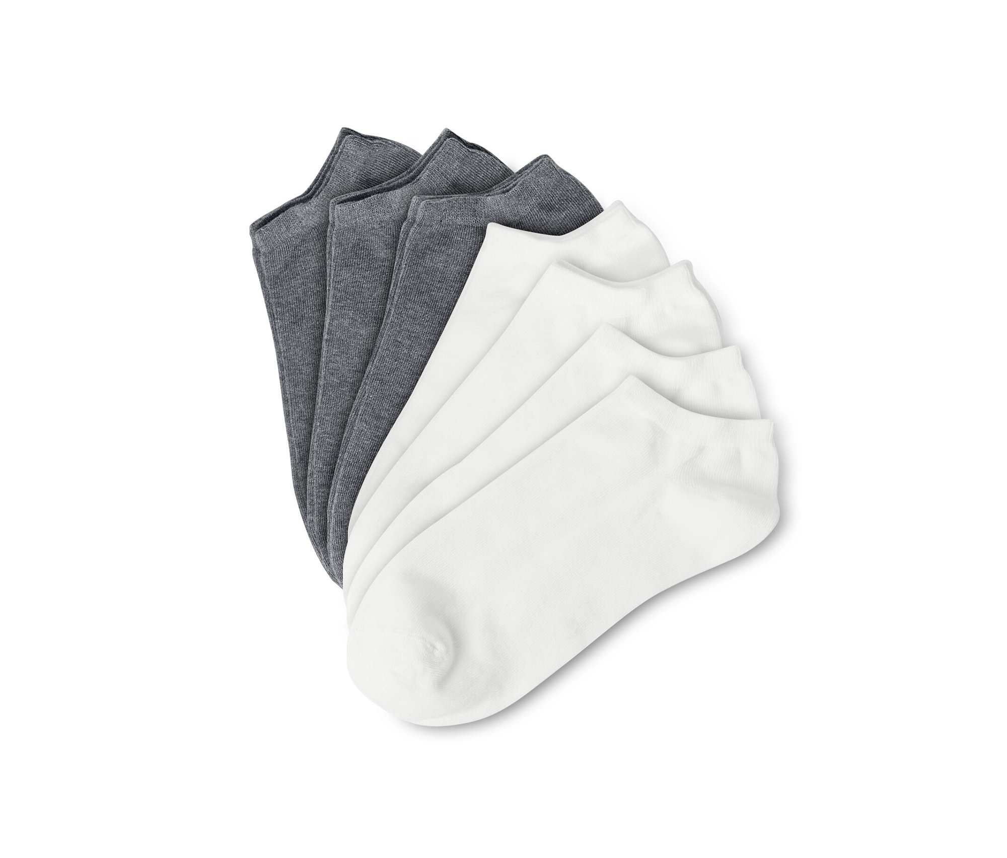 Hét pár fehér és szürke színű férfi bokazokni szettben legyezőszerűen elrendezve.