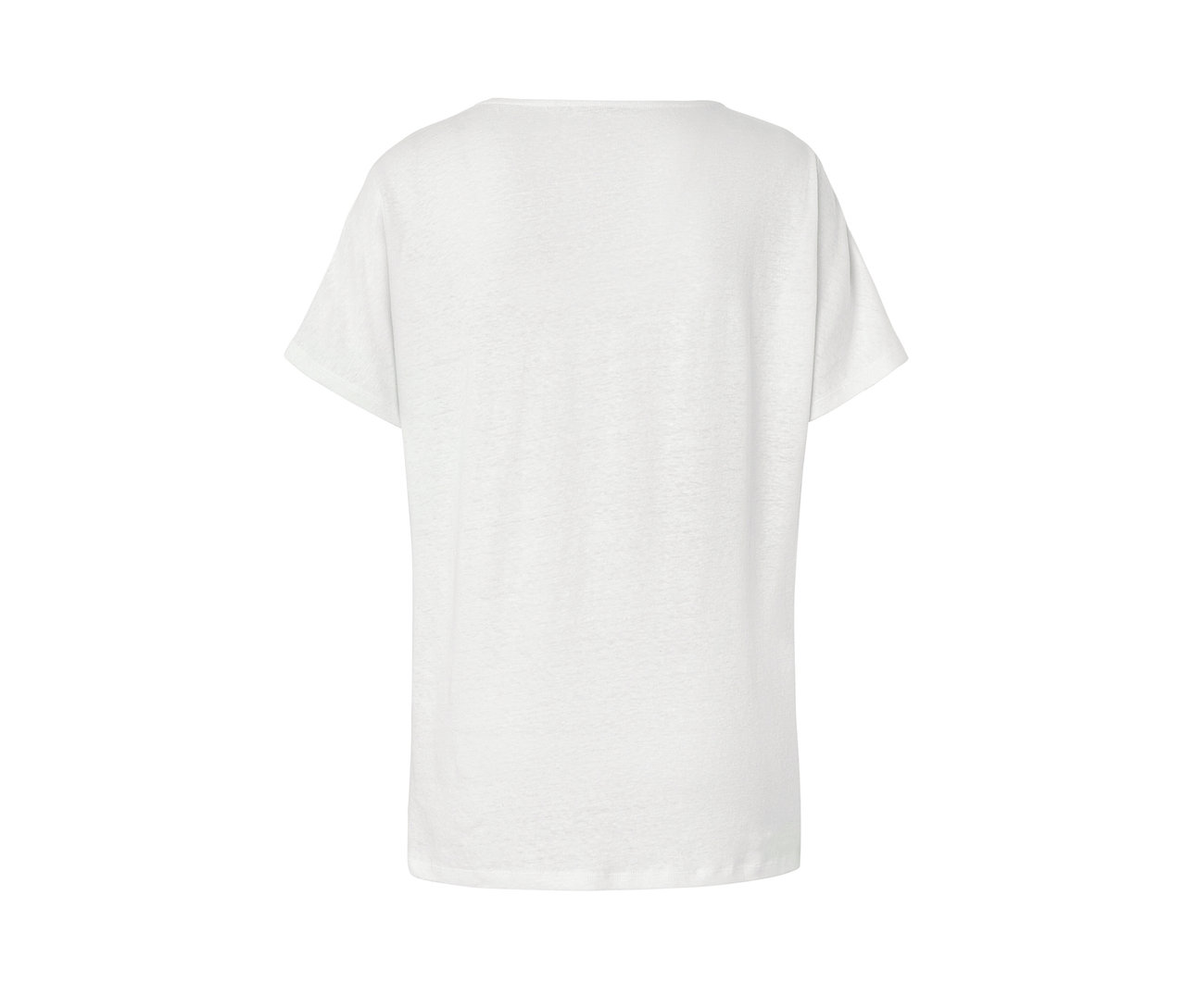 Hátulról látható, fehér, len-keverék női póló.