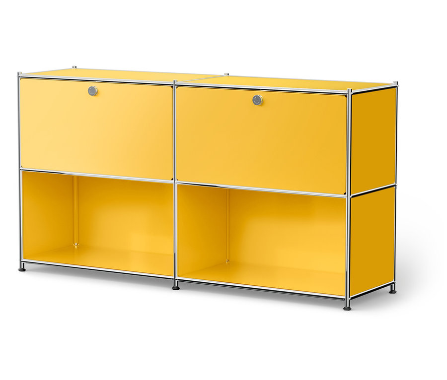 Sárga, moduláris szekrény ezüst kerettel és fekete lábakkal.