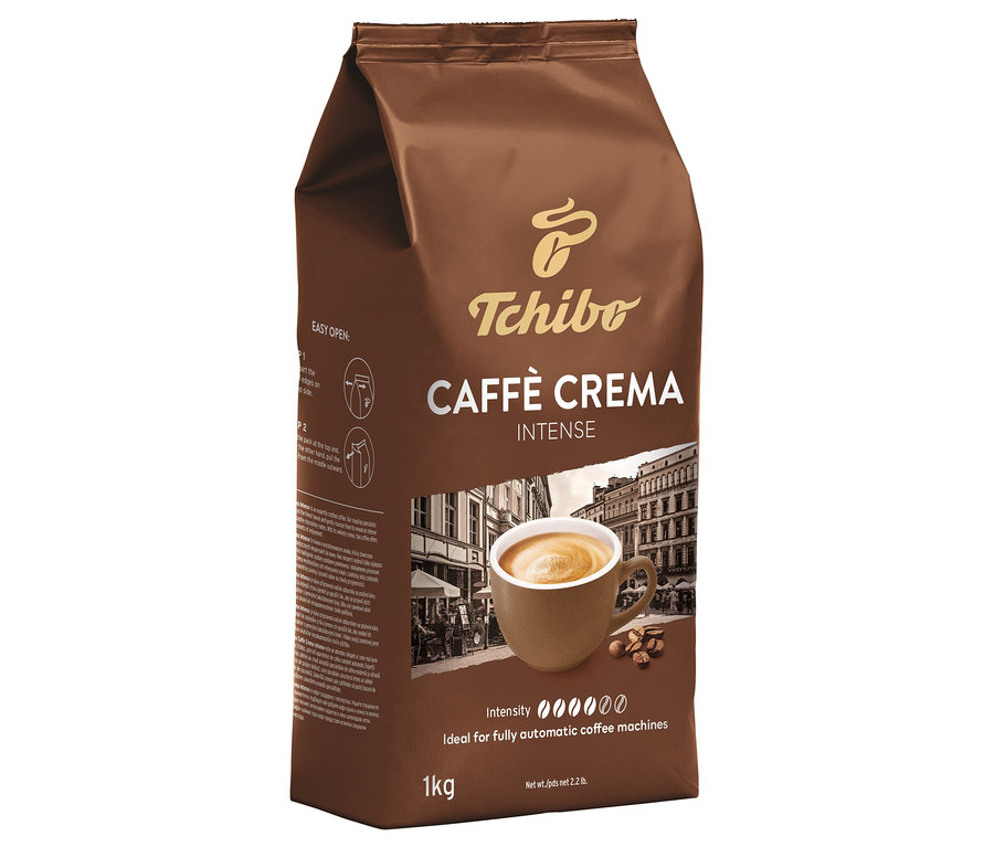 Egy barna csomag Tchibo Caffè Crema Intense 1 kg-os kávébab.