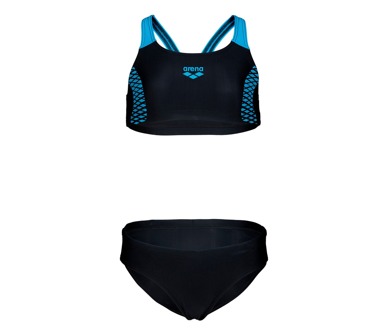 Fekete arena Feel Openings Energy Back gyerekbikini kék részletekkel.