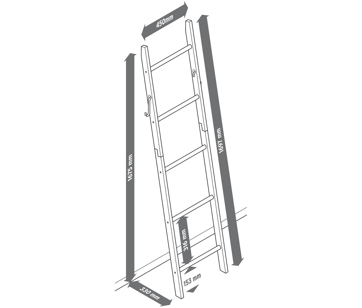 Egy fa törölközőtartó létra vázlata méretekkel.