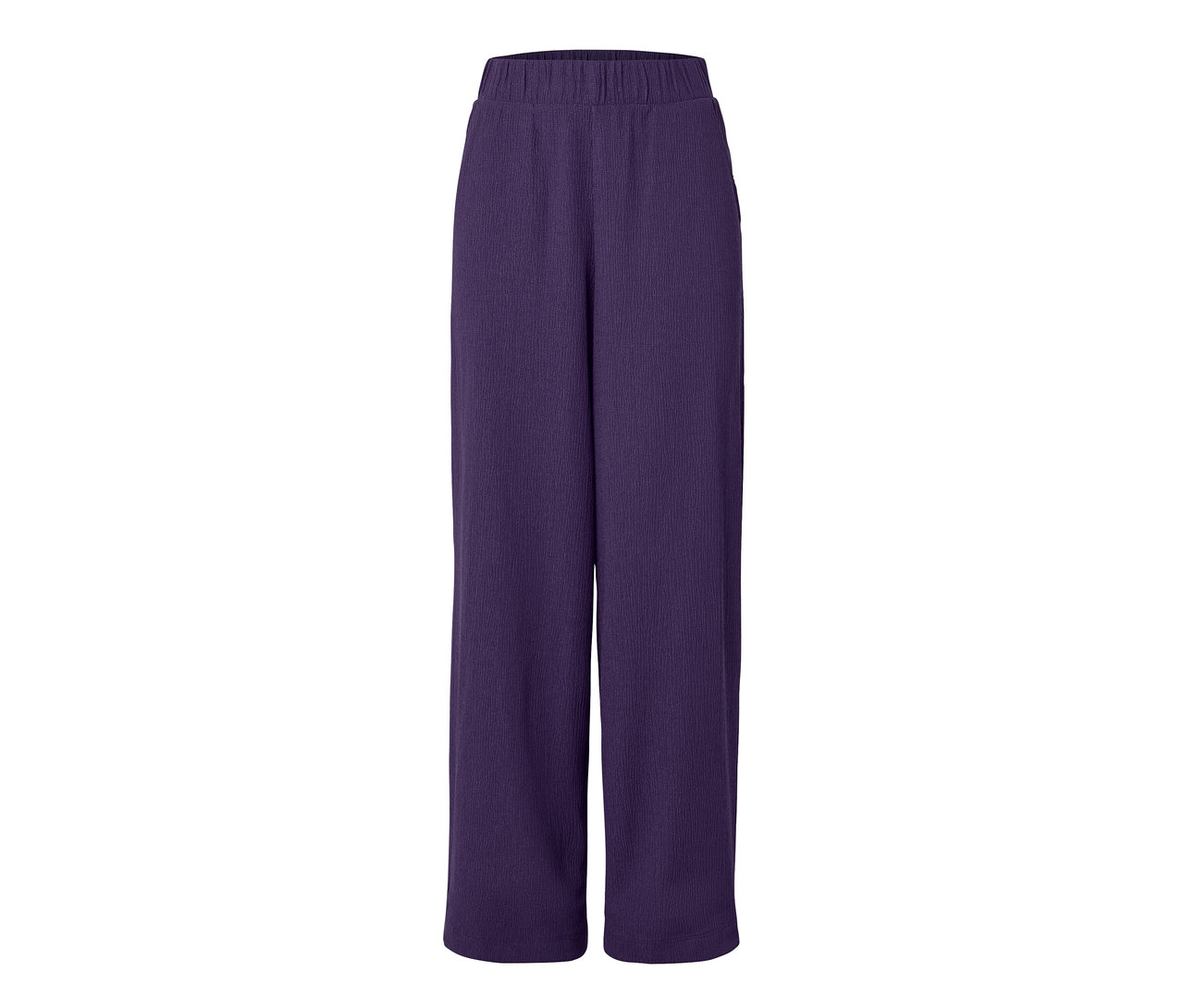 Lila, strukturált anyagú, bő szárú nadrág.