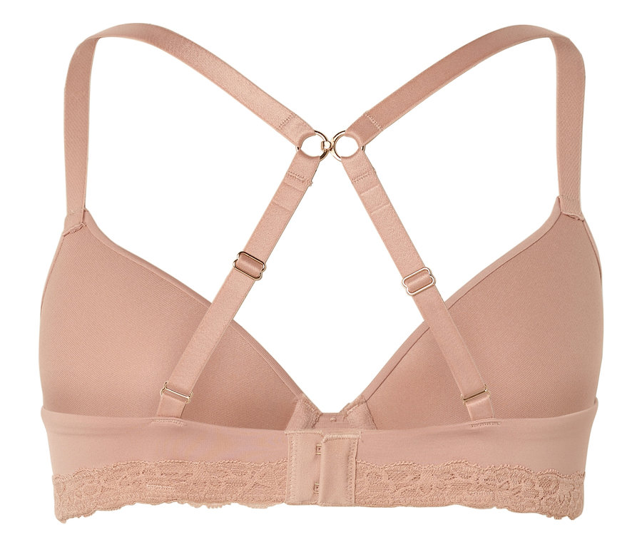 Egy testszínű melltartó hátsó nézete állítható pántokkal és csipke szegéllyel.