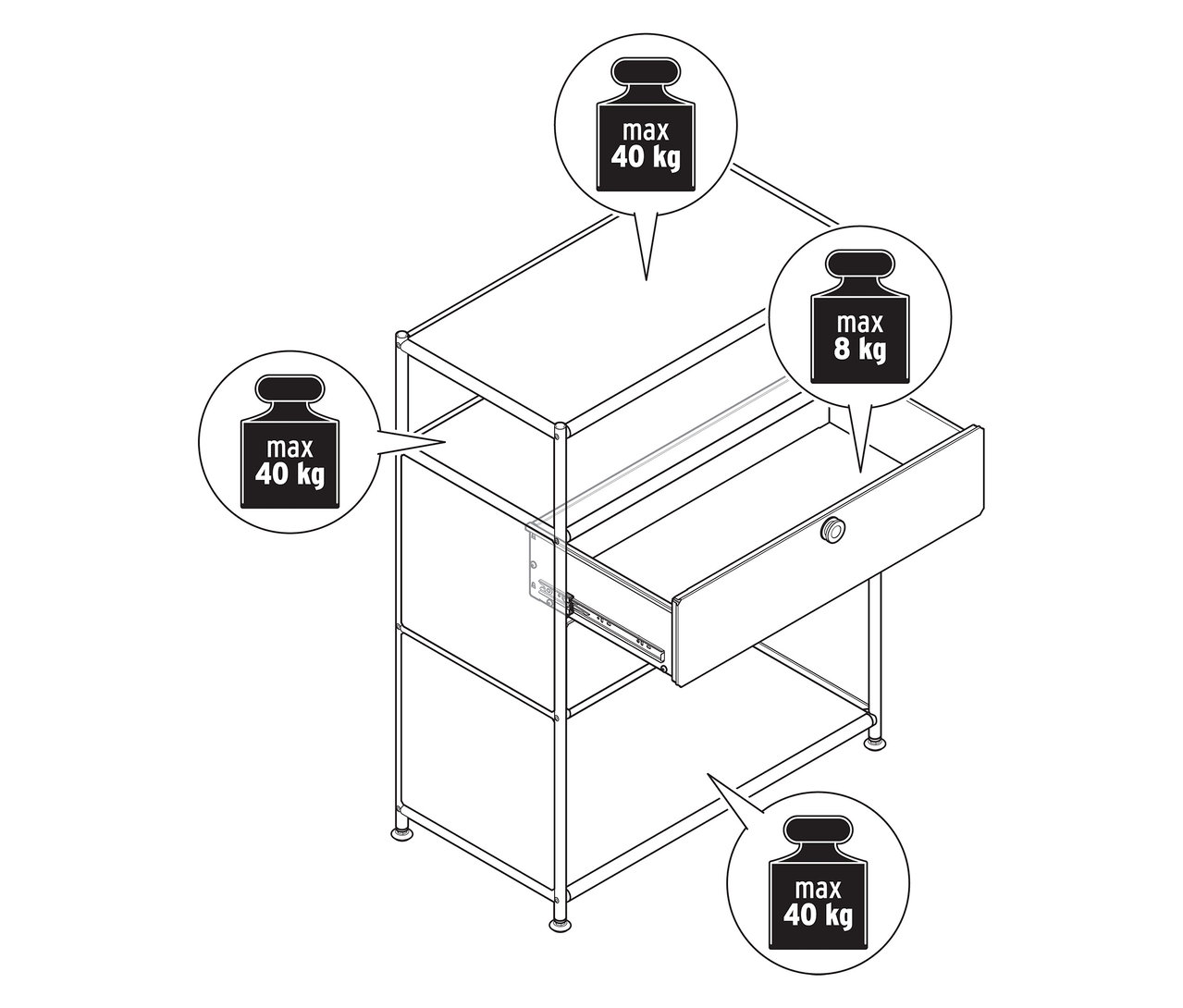 Felülnézet egy »CN3« fém komódról 2 fiókkal, az egyik fiók nyitva.