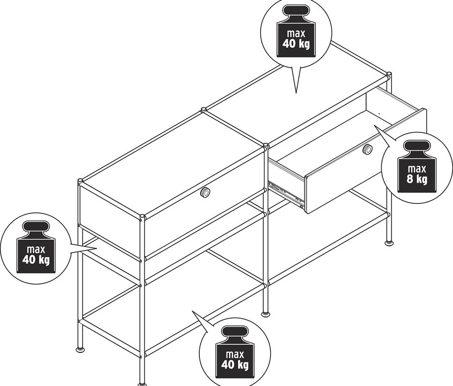 Fém konzolasztal »CN3« 2 fiókkal felülnézetből. A maximális terhelhetőség 40 kg a tetején és 8 kg a fiókban.